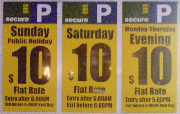 Here's something new. Secure Parking has erected these large signs. More confusion. It's almost becoming as complex as mobile phone plans. Goodness me, there are only seven days in the week. How hard can it be to find the average rate and just charge people that rate. Is it simple of me to utter such silly things? I love the silly statements of this world. They spice it up and place rockets under close-minded managers who soon find themselves on the scrap heap, only to blame some external factor. If a single soul at Secure Parking is sniggering at my suggestions, I would invite them to go down to their nearest Apple Store, such as the one in George street. Stand across the road. Stare at the store and try to imagine the sniggering at IBM if anyone had suggested one darn thing that Apple is doing, like good design, own the operating system, branch into telecommunications, sell your own products from your own store. They used to laugh their head off. Keep laughing all the way to the looney asylum.