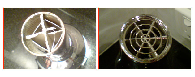 There are two hair dryers at the Grand Hyatt Melbourne change room. The one on the right shows the correct style of protective front panel. The dryer on the left shows the dangerous heating element, completely uncovered. It has been like this for two years, and despite reporting it, no one has done anything about this danger.